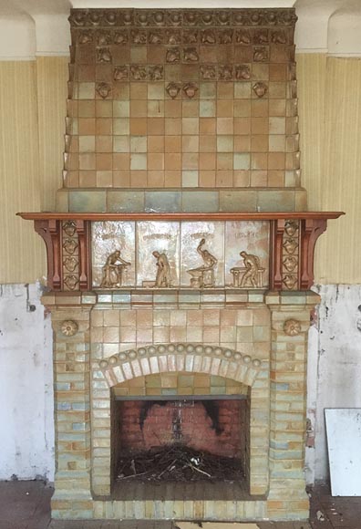 Beautiful antique Art Nouveau fireplace by Charles Gréber with workers' decorative frieze-0