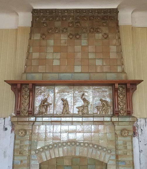 Beautiful antique Art Nouveau fireplace by Charles Gréber with workers' decorative frieze-1