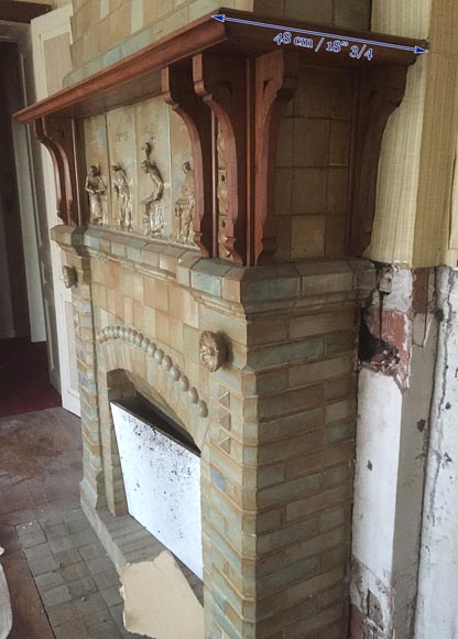 Beautiful antique Art Nouveau fireplace by Charles Gréber with workers' decorative frieze-11
