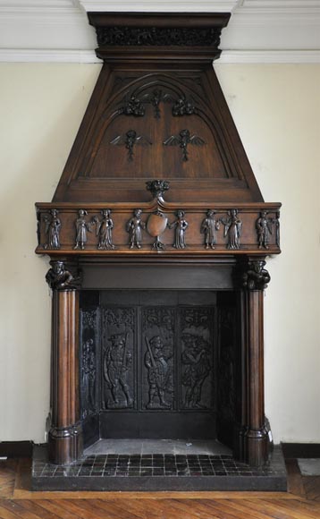 Monumental Antique Neo Gothic Style Fireplace With Hood Made Out