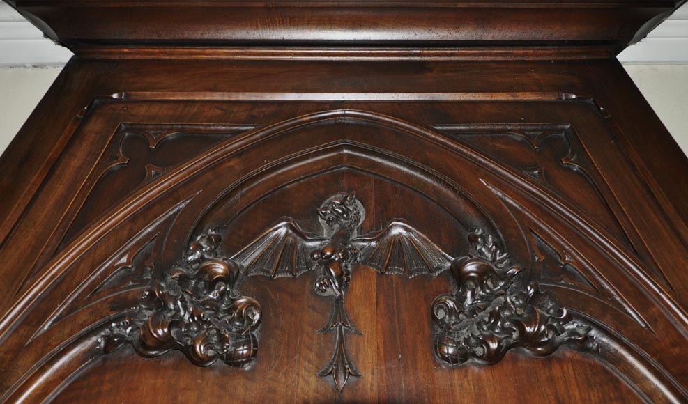 Monumental antique Neo-Gothic style fireplace with hood made out of carved walnut and courtly scenes-10