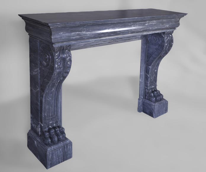 Beautiful antique Restoration style fireplace with lion's paws in Blue Turquin marble-2