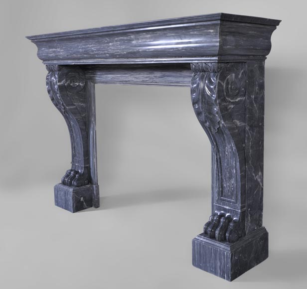 Beautiful antique Restoration style fireplace with lion's paws in Blue Turquin marble-5