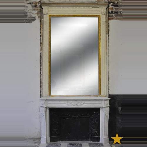 Large Louis XVI style fireplace in white Carrara marble with its cast iron insert and its overmantel mirror