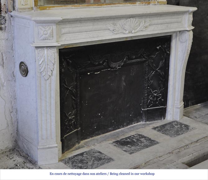 Large Louis XVI style fireplace in white Carrara marble with its cast iron insert and its overmantel mirror-3
