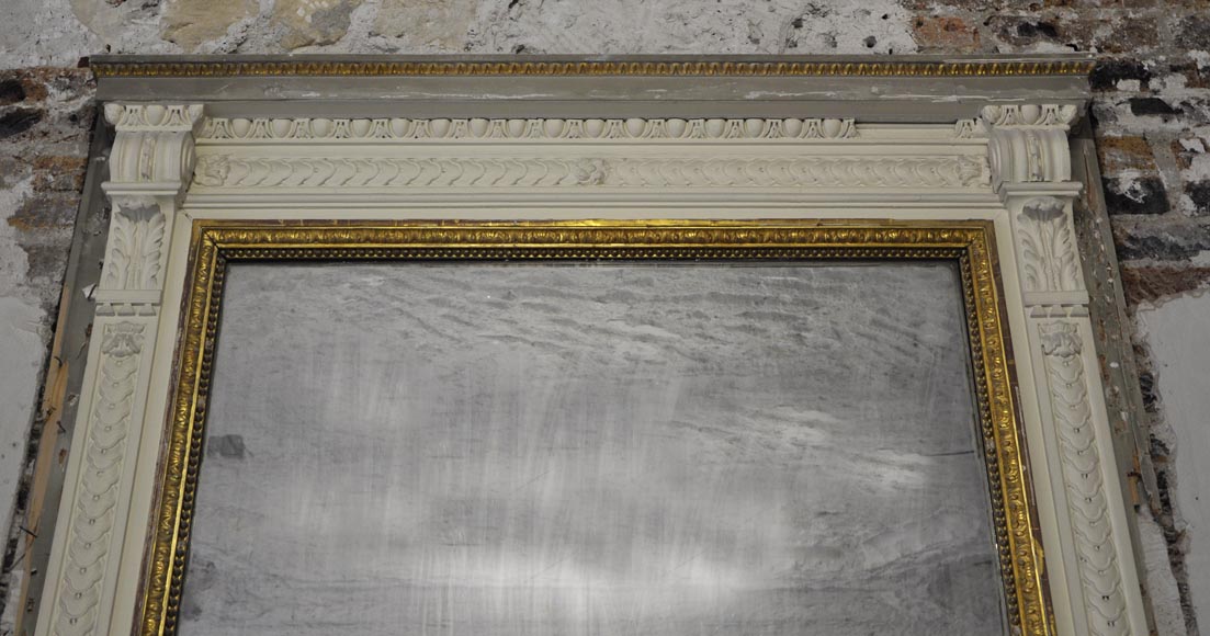 Large Louis XVI style fireplace in white Carrara marble with its cast iron insert and its overmantel mirror-12