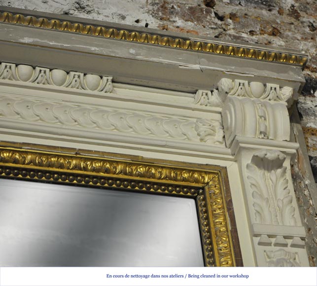 Large Louis XVI style fireplace in white Carrara marble with its cast iron insert and its overmantel mirror-16