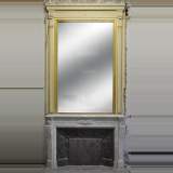 Large Louis XVI style fireplace in white Carrara marble with its cast iron insert and its overmantel mirror