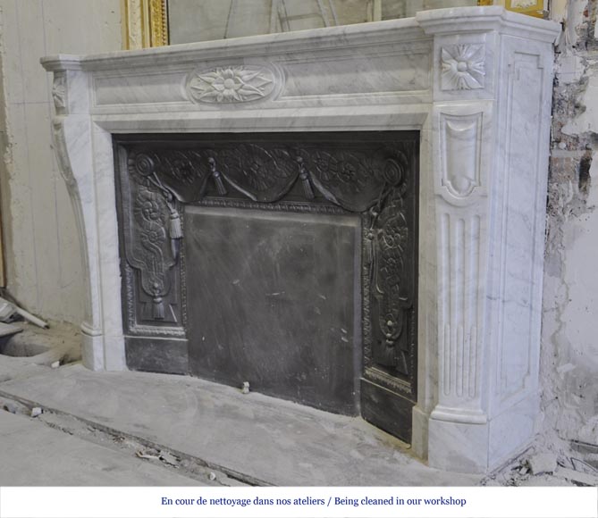 Large Louis XVI style fireplace in white Carrara marble with its cast iron insert and its overmantel mirror-6