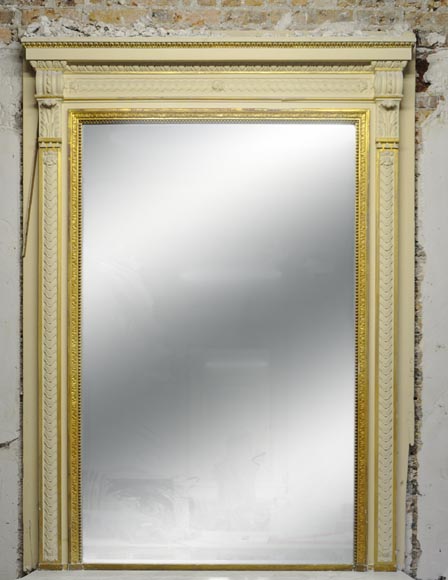 Large Louis XVI style fireplace in white Carrara marble with its cast iron insert and its overmantel mirror-10