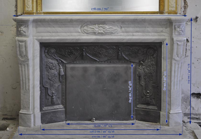 Large Louis XVI style fireplace in white Carrara marble with its cast iron insert and its overmantel mirror-17