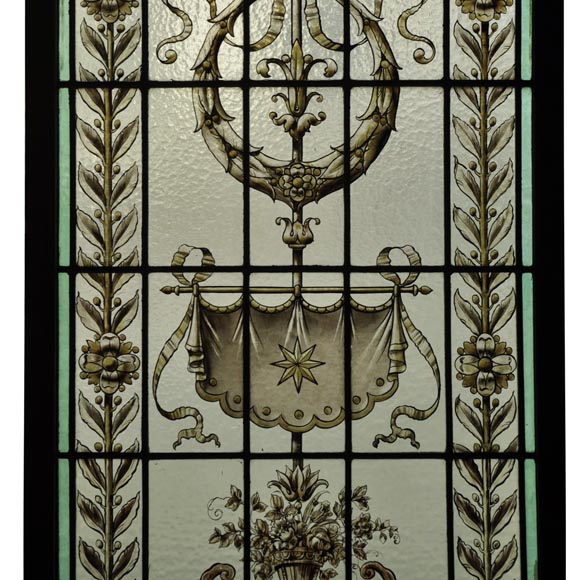Pair of antique stained glass windows with Neo-Renaissance style decor ...