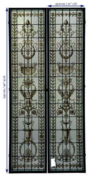 Pair of antique stained glass windows with Neo-Renaissance style decor ...