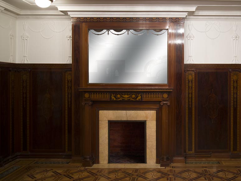 Exceptional antique Regency style complete paneled room in mahogany marquetry with fireplace, France 19th century-0