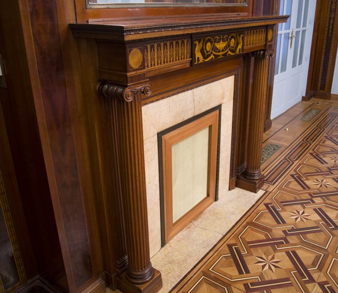 Exceptional antique Regency style complete paneled room in mahogany marquetry with fireplace, France 19th century-3