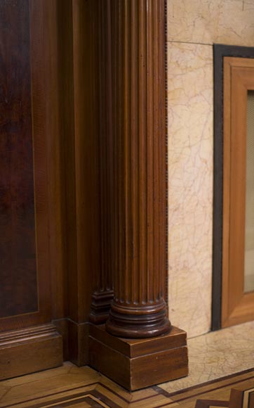 Exceptional antique Regency style complete paneled room in mahogany marquetry with fireplace, France 19th century-4