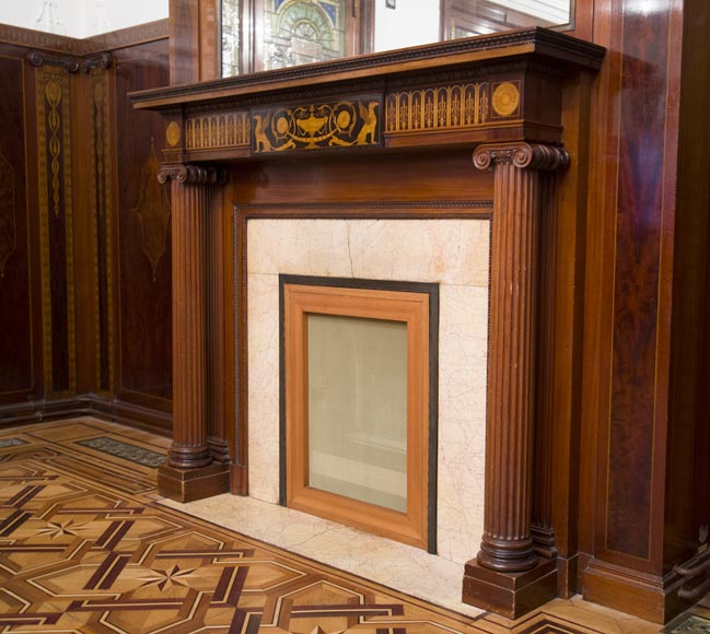 Exceptional antique Regency style complete paneled room in mahogany marquetry with fireplace, France 19th century-5