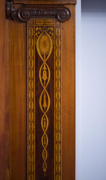 Exceptional antique Regency style complete paneled room in mahogany marquetry with fireplace, France 19th century-8