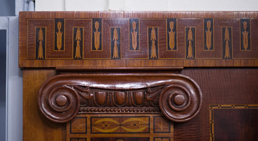 Exceptional antique Regency style complete paneled room in mahogany marquetry with fireplace, France 19th century-10