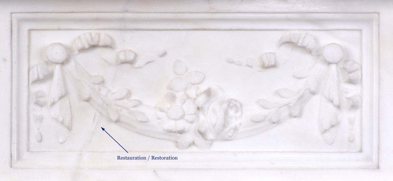 Very beautiful Victorian style antique fireplace in Carrara Statuary marble and Violet Brocatelle marble, from late 19th century, with flutings, garlands and diamonds.-12