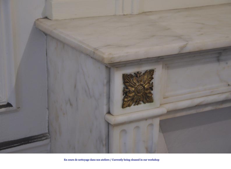 Antique Louis XVI style fireplace in white Carrara marble with gilt bronze ornaments-3