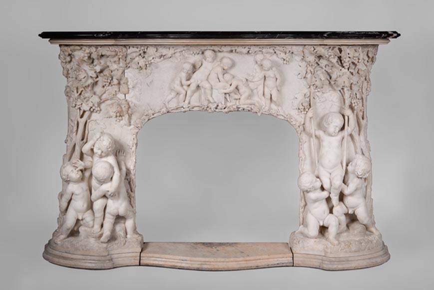 The Games of Childhood, extraordinary antique Statuary marble fireplace carved in high relief with putti-0
