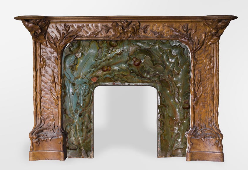 Exceptional antique Art Nouveau paneled room with its fireplace, made out of carved walnut, burr, pinewood and ceramic decor-1