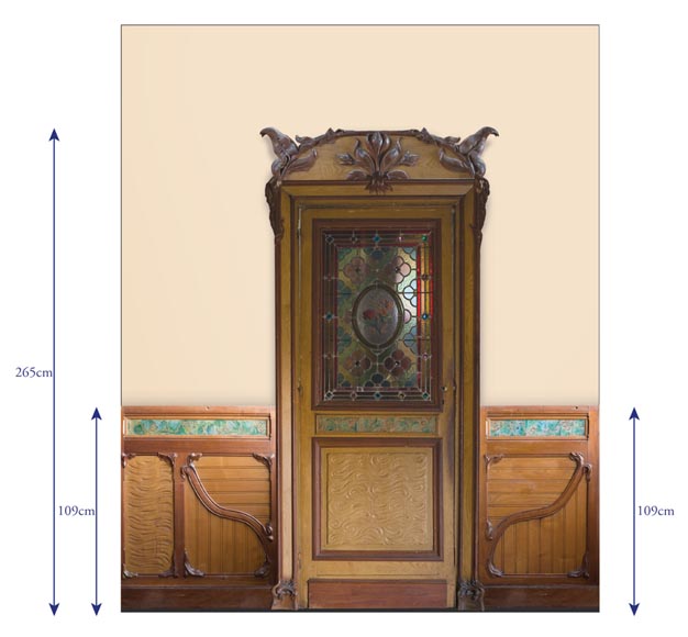 Exceptional antique Art Nouveau paneled room with its fireplace, made out of carved walnut, burr, pinewood and ceramic decor-3