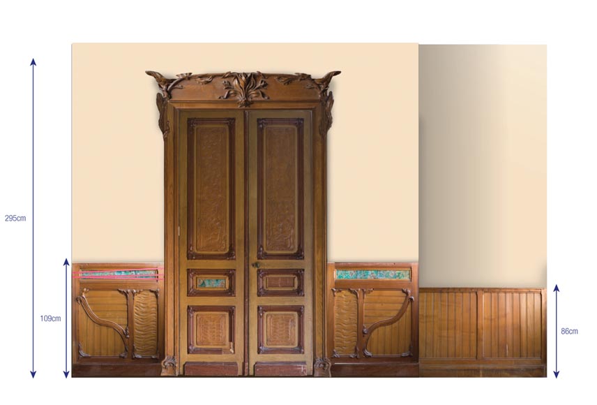 Exceptional antique Art Nouveau paneled room with its fireplace, made out of carved walnut, burr, pinewood and ceramic decor-5