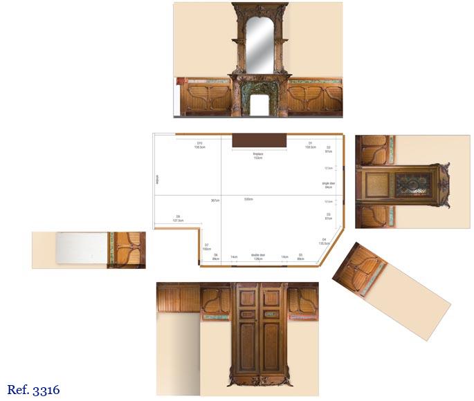 Exceptional antique Art Nouveau paneled room with its fireplace, made out of carved walnut, burr, pinewood and ceramic decor-7