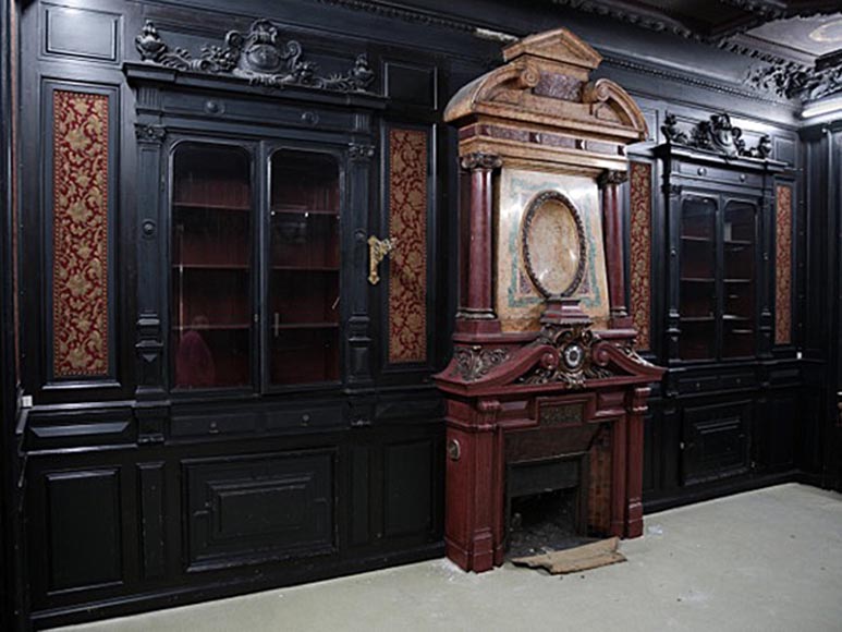 Rare Napoleon III paneled room in blackened wood with its monumental fireplace in stucco in imitation of porphyry-0
