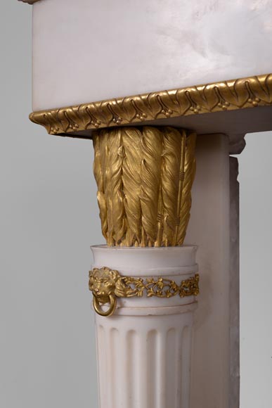 Very beautiful antique Louis XVI style fireplace in Statuary Carrara marble with quiver-shaped columns and gilt bronze ornaments after the model from the Chateau of Fontainebleau-9