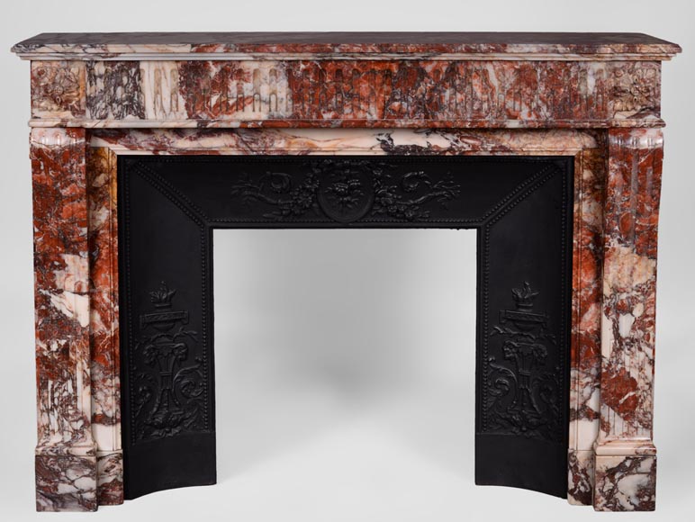 Beautiful antique Louis XVI style fireplace with flutings in Onyx rouge with its cast iron insert-0