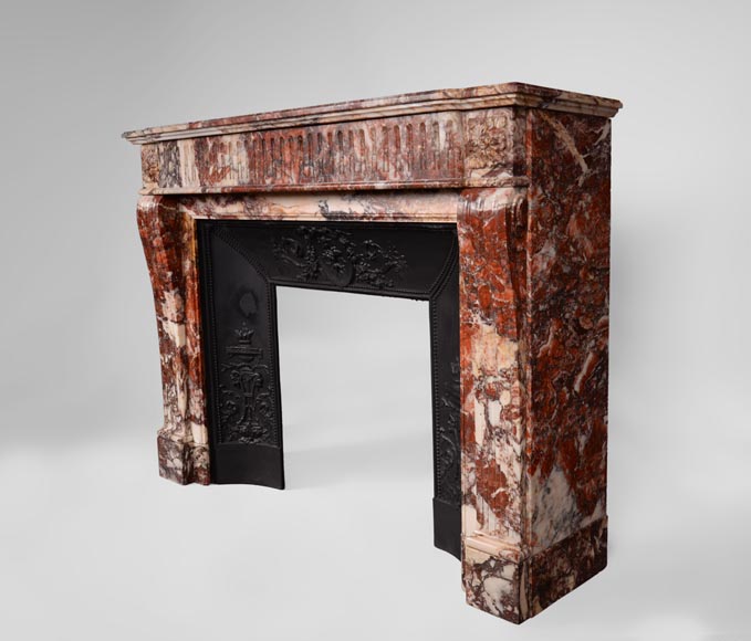 Beautiful antique Louis XVI style fireplace with flutings in Onyx rouge with its cast iron insert-6