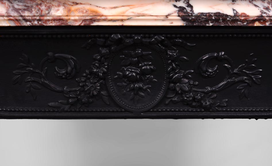 Beautiful antique Louis XVI style fireplace with flutings in Onyx rouge with its cast iron insert-10