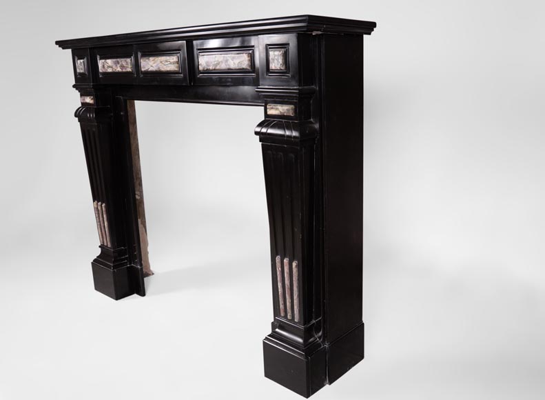 Antique Napoleon III style fireplace in Belgian Black marble with Fior di Pesco marble inlays-5