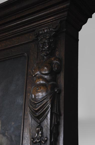 Antique Neo-Renaissance fireplace in oak with a painting with two putti-4
