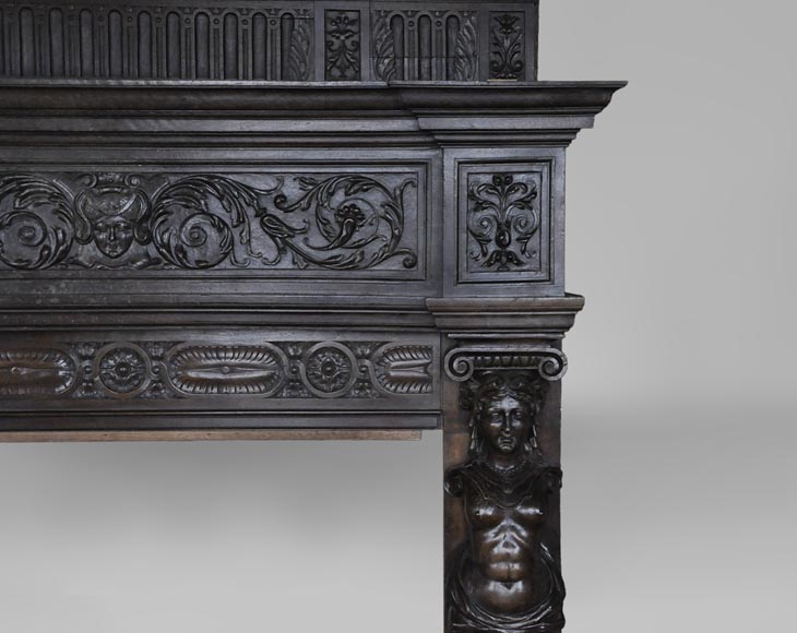 Antique Neo-Renaissance fireplace in oak with a portrait of woman-8