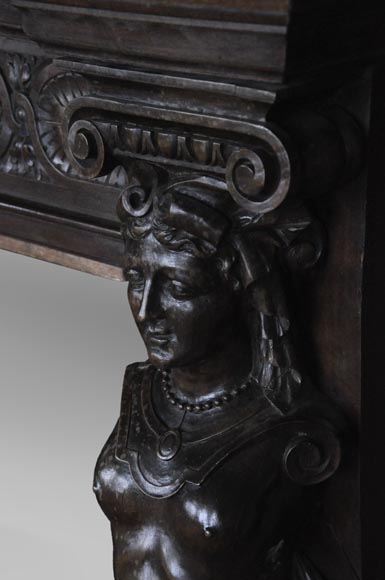 Antique Neo-Renaissance fireplace in oak with a portrait of woman-9