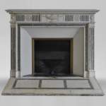 Beautiful Victorian style antique fireplace in Carrara Statuary marble and inlays of Vert d'Estours marble with vases and bowl