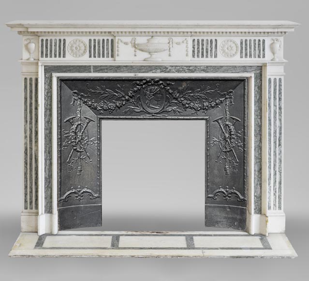 Beautiful Victorian style antique fireplace in Carrara Statuary marble and inlays of Vert d'Estours marble with vases and bowl-0