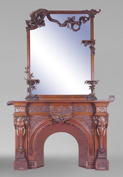 Maison des Bambous Alfred PERRET et Ernest VIBERT (attributed to), large Japanese style Fireplace with its trumeau, made out of harewood, decorated with elephant heads and dragons-0