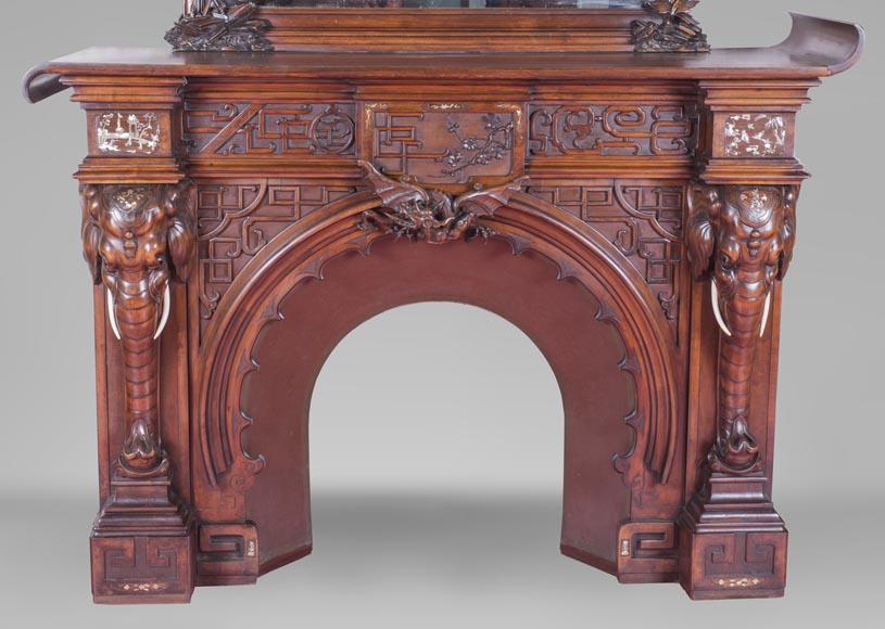 Maison des Bambous Alfred PERRET et Ernest VIBERT (attributed to), large Japanese style Fireplace with its trumeau, made out of harewood, decorated with elephant heads and dragons-1