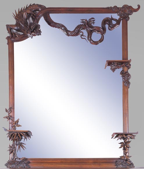 Maison des Bambous Alfred PERRET et Ernest VIBERT (attributed to), large Japanese style Fireplace with its trumeau, made out of harewood, decorated with elephant heads and dragons-2