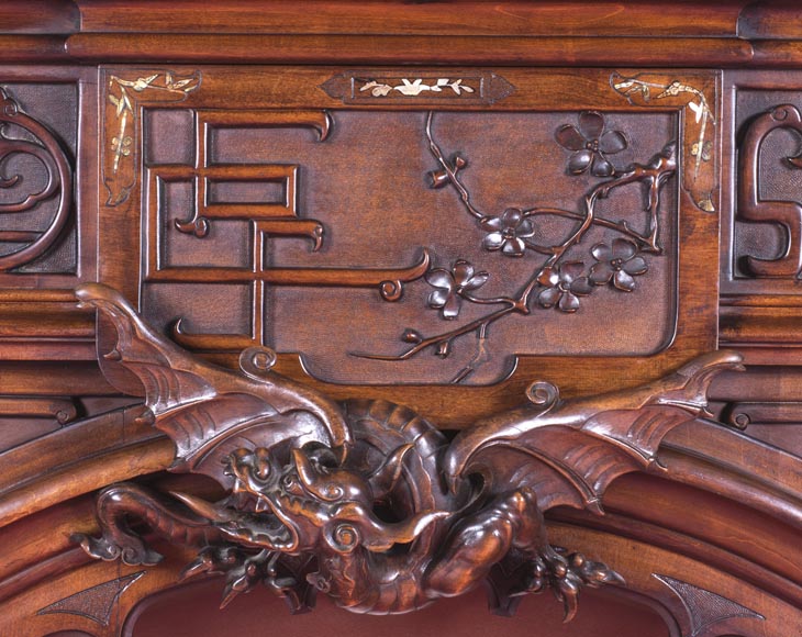 Maison des Bambous Alfred PERRET et Ernest VIBERT (attributed to), large Japanese style Fireplace with its trumeau, made out of harewood, decorated with elephant heads and dragons-3