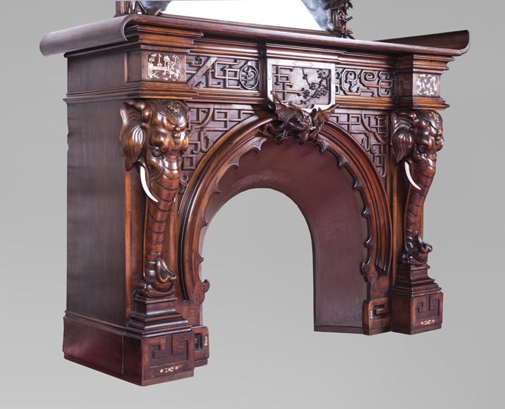 Maison des Bambous Alfred PERRET et Ernest VIBERT (attributed to), large Japanese style Fireplace with its trumeau, made out of harewood, decorated with elephant heads and dragons-4