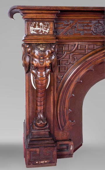 Maison des Bambous Alfred PERRET et Ernest VIBERT (attributed to), large Japanese style Fireplace with its trumeau, made out of harewood, decorated with elephant heads and dragons-5