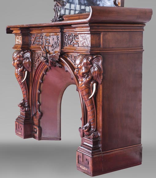 Maison des Bambous Alfred PERRET et Ernest VIBERT (attributed to), large Japanese style Fireplace with its trumeau, made out of harewood, decorated with elephant heads and dragons-6