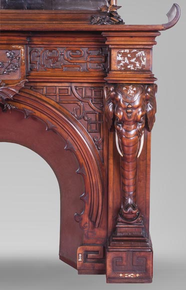Maison des Bambous Alfred PERRET et Ernest VIBERT (attributed to), large Japanese style Fireplace with its trumeau, made out of harewood, decorated with elephant heads and dragons-7