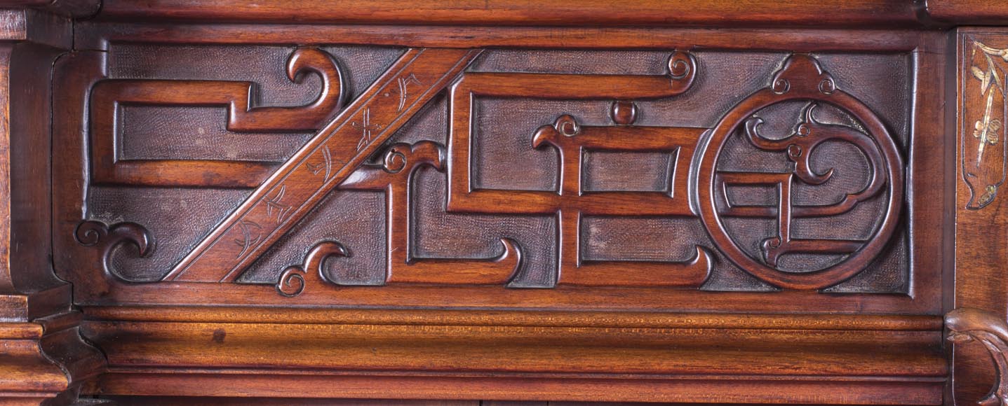 Maison des Bambous Alfred PERRET et Ernest VIBERT (attributed to), large Japanese style Fireplace with its trumeau, made out of harewood, decorated with elephant heads and dragons-10